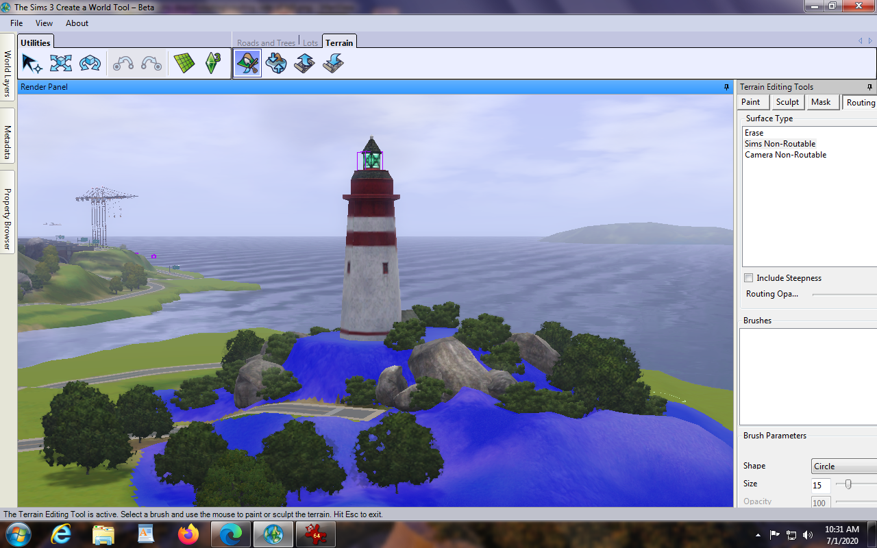 This is a hill that I don't want sims to climb, so I have covered it completely in routing paint.